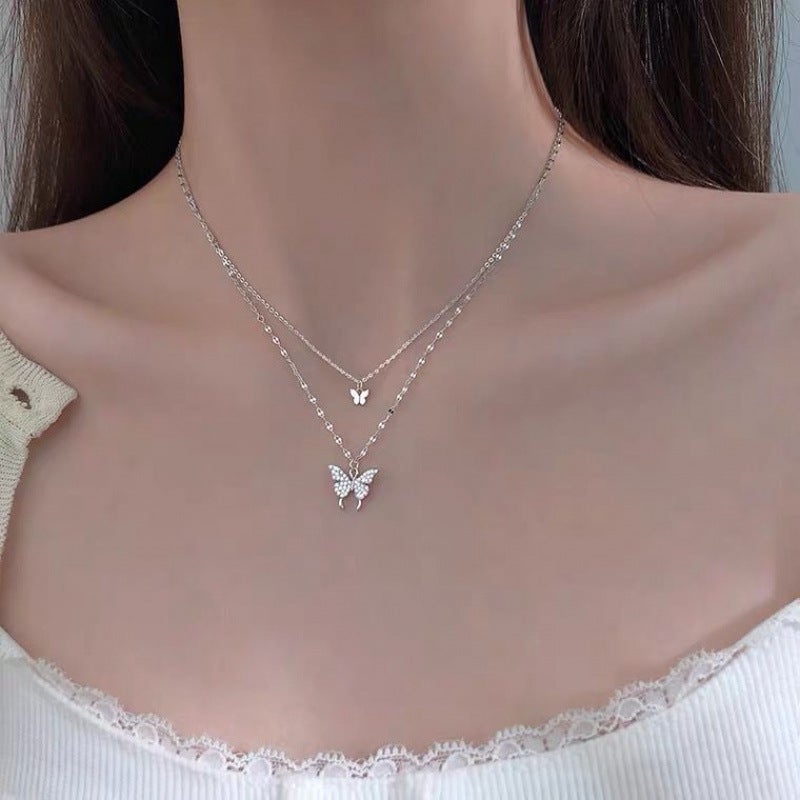 2021 New Double Layer Butterfly Sterling Silver Necklace Women'S Ins Niche Design High-Grade Clavicle Chain Jewelry Pendant - Image 3